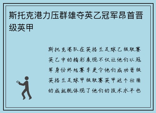 斯托克港力压群雄夺英乙冠军昂首晋级英甲